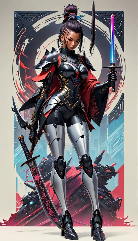 (high-res, vivid colors),araffe dressed in a black suit holding a sword and a sword, cyborg samurai, cyber japan samurai armor, cyberpunk samurai, very beautiful cyberpunk samurai, full samurai armor spiderman, bio - mechanical ninja samurai, portrait of a...