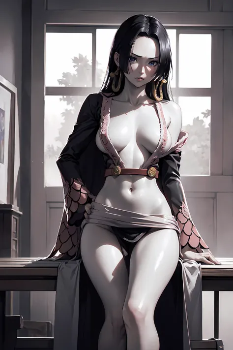 NSFW　(Highest quality:1.5, High resolution, 超High resolution, 4K, Detailed lighting, Shaders)masterpiece, Highest quality, High resolution, Hancock 1, Boa Hancock,Full nudity　 Cowboy Shot, Sit　Sweating in the crotch and thighs　Sexy pose　Seduce　A room with ...