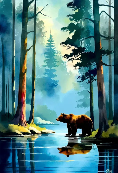 Trees in the forest々There is a picture of a bear with, Digital painting inspired by Sam Bosma, Behance Contest Winner, tonalism, digital watercolor painting, painterly illustration, Abstract nature landscape, Rich watercolors, Watercolor illustration style...