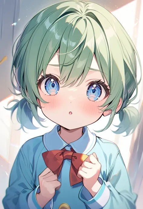 1girl,green hair,short ponytail,blue eyes,kids kindergarten uniform