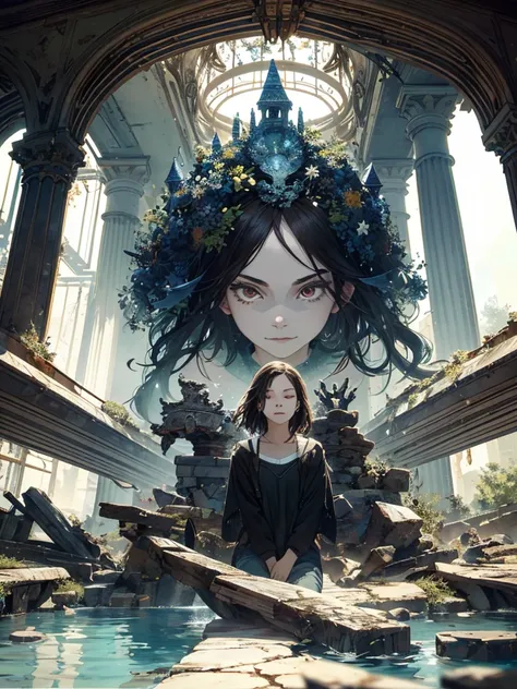 Absurd, high resolution, ultra-detailed, (1 girl:1.3), broken, design a beautiful temple scene, intricate architecture, lush gardens, and a sense of peace and spirituality. Broken, creating an image of a destructive demon with terrifying features, dark pow...