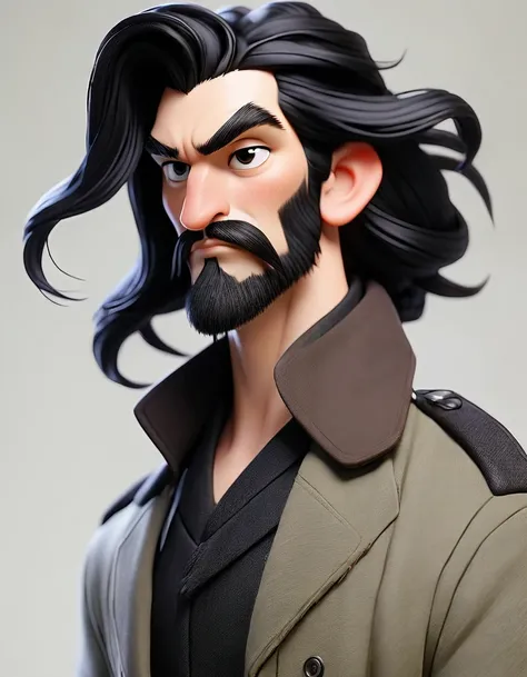 Make me a character of a man with long black hair tied up, with a thin beard, wearing a jacket.