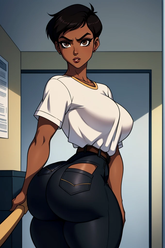 baseball bat (ass support:1.3),((ultra quality)), ((masterpiece)), Lois Lane, ((black short hair tomboy hairstyle)), (Beautiful face), (beautiful female lips), (), charming, ((sexy facial expression)), (Dark skin color), (dark skin), glare on the body, ((d...