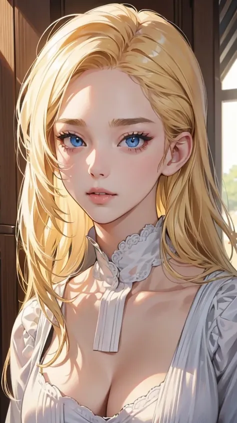 High resolution、masterpiece quality、4K、8K、Immersive:1.2.  Girl, Blonde hair appeared in a solo scene 、The entire face is captured in detail in a close-up、Showcasing distinctive eyes and expressive facial feature, curvy, big breasts, big lips