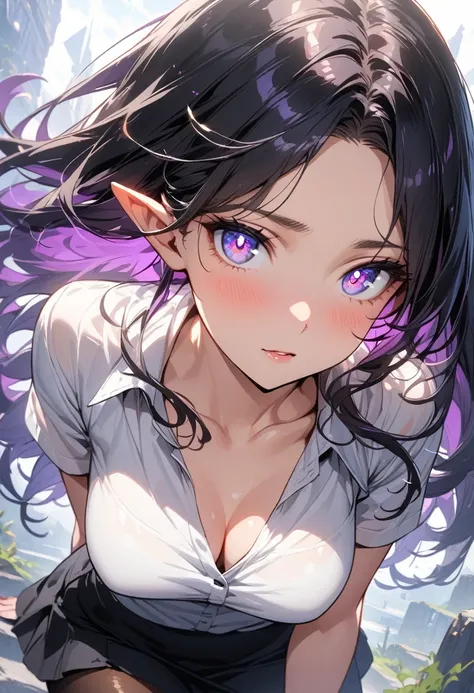 ((highest quality, masterpiece, ultra high definition, high resolution)), ((ultra-detailed illustrations:1.2)), 1 girl, solo, anime style, beautiful hair, parted bangs, loose hair, long hair, black hair, dark purple hair, multi colored hair, beautiful deta...