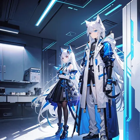 masterpiece,Boy and girl with long hair,Cat ear,White Hair,Blue functional and futuristic coat,The boy is holding a futuristic sword,cyber punk,Cyborg arms,Mechanical arm(Elbow joint operates hydraulically,LED light coming from the gap)