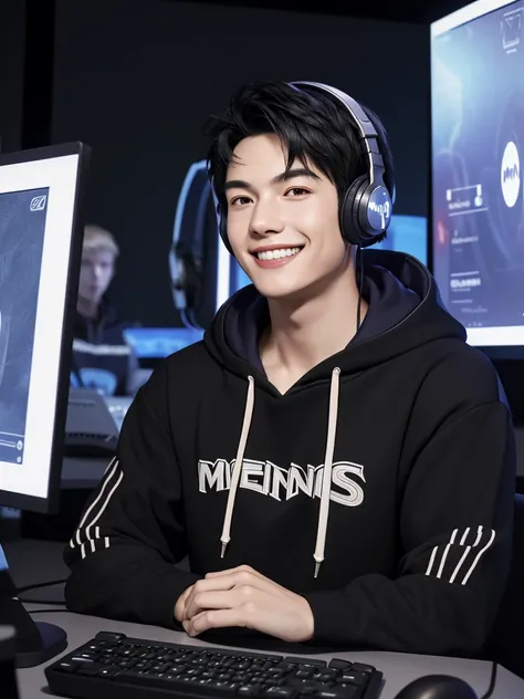 highest quality: 1.0), masterpiece, Age 25,male,Upper Body, Sleep insufficient,insufficient,(Face close-up)P,one person,Grin, Mashed black hair、hoodie,Headphones on neck,,sit in front of the computer and play games, E-sports room background,Gamers Room,