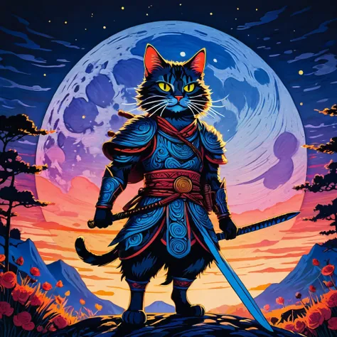 A portrait of a humanlike cat warrior, standing in front of a full moon, their shadow cast dramatically behind them. The image is a striking combination of vivid, saturated colors, a woodcut print-inspired style, impressionist and naive art influences, and...