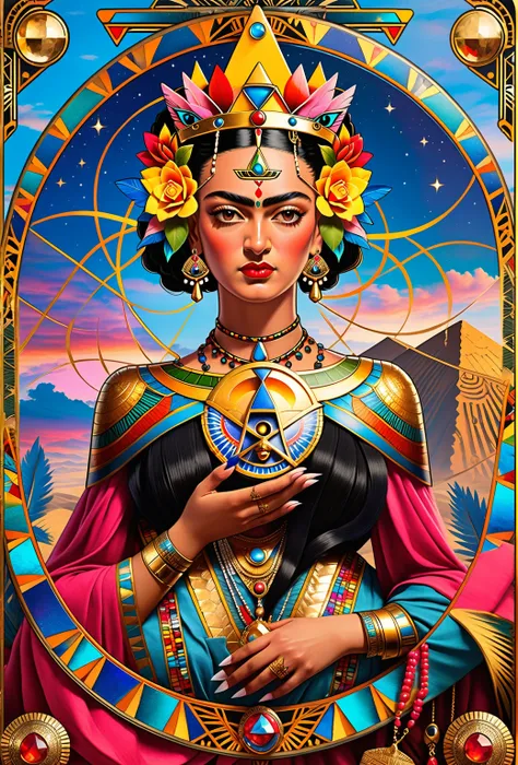 frida kahlo as a tarot card: score_9, score_8_up, score_7_up, score_6_up, score_5_up,  [ acocleopatra],[black hair],cleopatra fr...