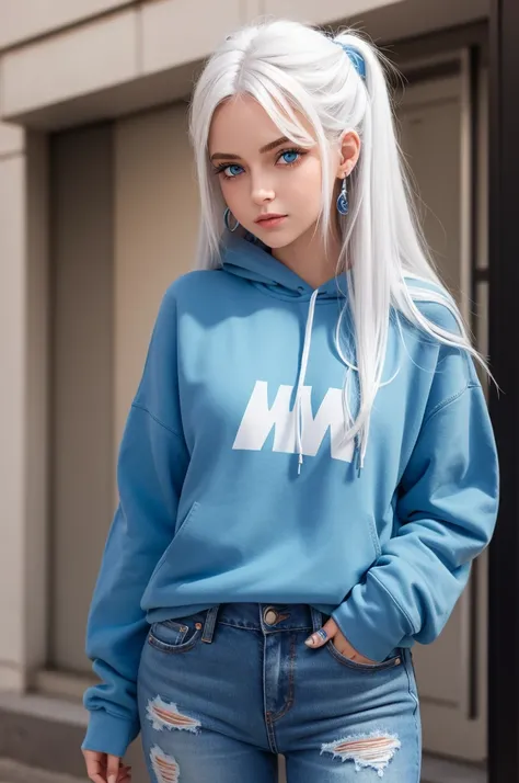 Uma linda garota, cute blue eyes white hair blue eyes jeans black sweatshirt 