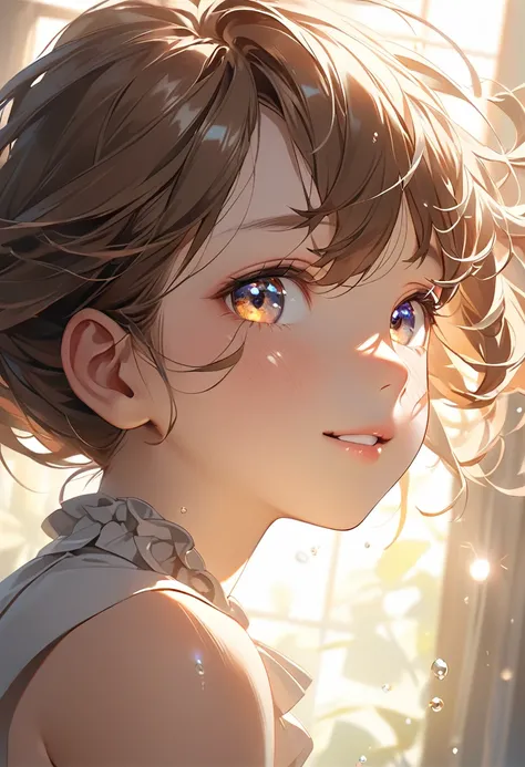 12-year-old 1loli、independent、Look forward、Light eye makeup、Brown Hair Color、flat 、Hair blowing in the wind、Quality of actress、Shiny, Ultra-realistic faces、smile、Watery eyes、look up、Soothing lighting effects、 Ultra-Realistic Capture、Very detailed、High reso...