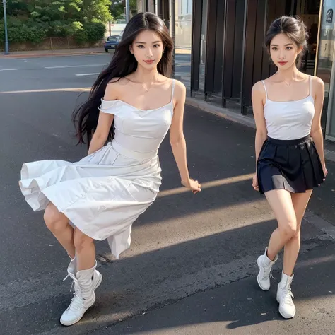 (a girl pretty girl with perfect figure), (Short flared dress), (white bra), (strapless dress), (cotton spaghetti-strap top :1.2), ((Hem full flared dress)), (midi(32K,1 20-year-old girl, The light from the rear window is backlit, Ray traching), (full body...