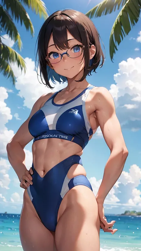 highest quality、Realistic、female、zoom、Chestnut Hair、Blue Eyes、short hair、athlete、muscle、Swimwear、athlete、muscle、Abdominal muscles、Glasses、Sunburned、Tan、Brown Skin、From below、smile、Ocean、Looking down、、Small breasts、Bust Shot、　