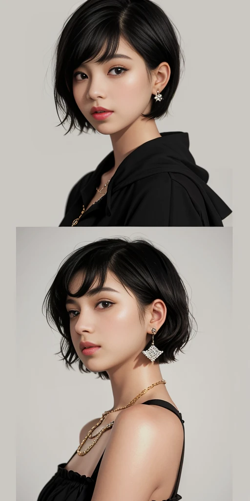 1girl, solo, looking at viewer, short hair, simple background, black hair, jewelry, earrings, parted lips, black eyes, lips, portrait