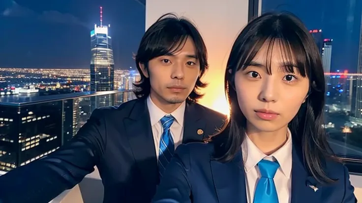 Kikuchi Hina takes a selfie with a man with long bangs and wolf hair., Night view from skyscrapers, Blue suit and tie