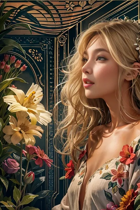 Realistic, High resolution, Soft Light,One woman with a slim figure, Age 25, alone, Hip Up, Glowing Skin, (Detailed face),(Completely naked:1.4), Floral body paint, night, Blonde, Wavy Hair, spouse, Inviting eyes, The spouse&#39;Perspective, Attractive app...