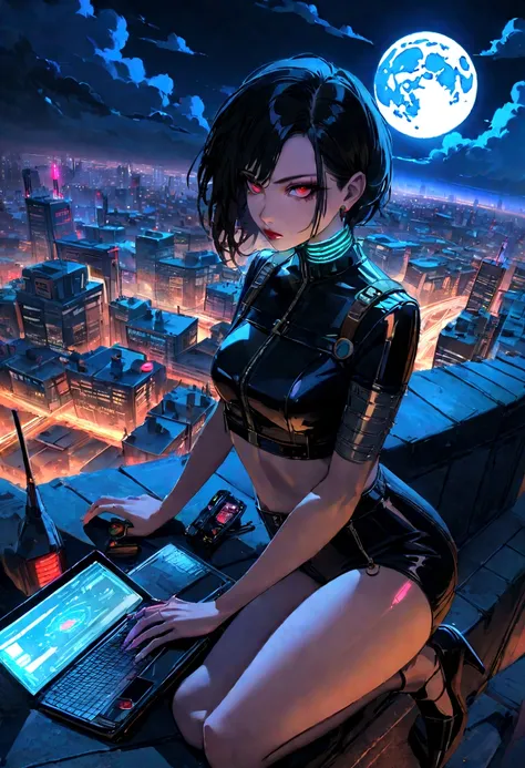 Have the modern technology to operate a laptop、Young vampires, Black Leather, Beautiful Face, Beautiful legs, Black Hair, On the roof, At night, full moon, scattered clouds, cyber implants, cyber punk, detailed, Blade Runner, Digital Painting, 4K UHD, City...