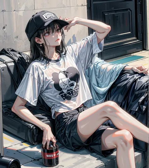 whole body, girl, big tits, medium hair, black hair, tearful mole, earring, baseball cap, black T-shirt, cargo shorts,