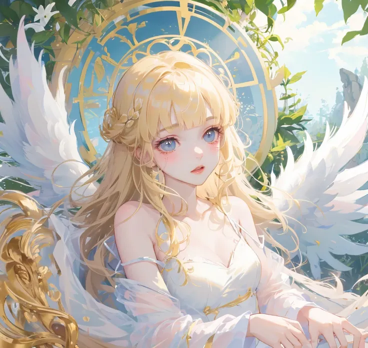 (High quality) (best quality) (A woman) (correct physiognomy) woman, long blonde hair with bangs on her forehead, four small angel wings emerge from her head, two on the left side and two on the right side, two wings of angel emerging from her back, a gold...