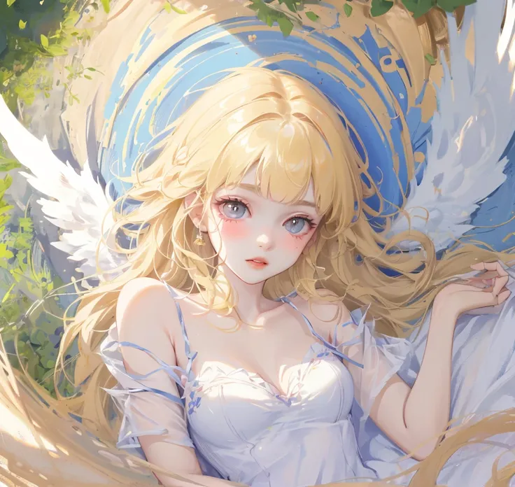 (High quality) (best quality) (A woman) (correct physiognomy) woman, long blonde hair with bangs on her forehead, four small angel wings emerge from her head, two on the left side and two on the right side, two wings of angel emerging from her back, a gold...