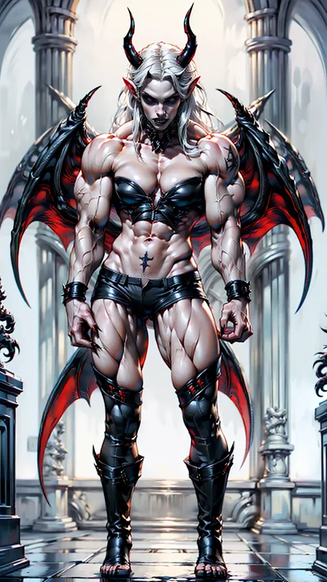 (megan fox), ((((((1 muscular demon girl)))))), (((huge upper body))), long hair, ((((huge demon wings))), (((pale skin))), (((sharp teeth, Huge horns, large nails))), navel, ((((full body front view)))), (((perfect hands, perfect fingers))), (((black empt...