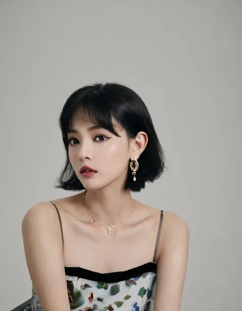 1girl, solo, looking at viewer, short hair, simple background, black hair, jewelry, earrings, parted lips, black eyes, lips, portrait