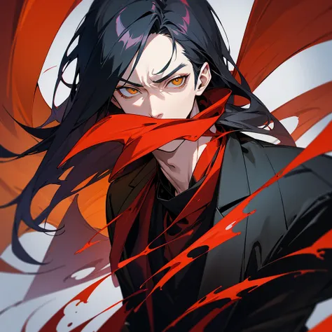 there is red gas around him: anime character antagonist: pale guy with long wet black hair, yellow eyes, dressed in a dark blue business suit, red scarf, his ability is to release a very dangerous gas from his body. it is a gas that deforms and mutates the...