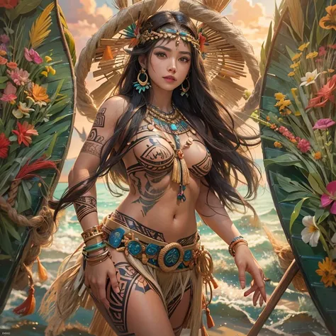 Polynesian Sea、Hair blowing in the wind 、 ((Highest quality、masterpiece、8k、Best image quality、Ultra-high resolution、Award-winning works)、(Accurate anatomy:1.1)、(Look at me and smile:1.0)、Shining fair skin with Ultra-high resolution、The most detailed face、U...