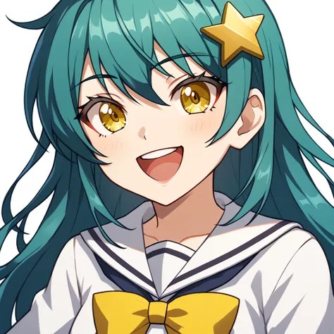 A girl with long, dark turquoise hair, Yellow Eyes, Yellow happy star pin in hair, ((background: plain white background)) ((Half Body)) ((Centered)) 8k