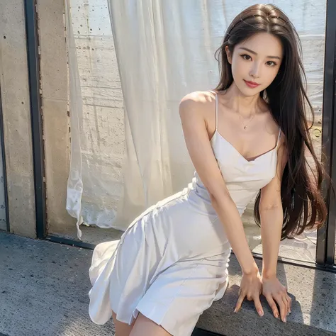 (a girl pretty girl with perfect figure), (Short flared dress), (white bra), (strapless dress), (cotton spaghetti-strap top :1.2), ((Hem full flared dress)), (midi(32K,1 20-year-old girl, The light from the rear window is backlit, Ray traching), (full body...