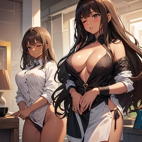 a brunette girl with brown skin, dark brown hair, medium hair, wavy hair with platinum blonde highlights and a styled fringe hair bang, With her eyes closed, covering her big breasts while her dress shirt unbuttons, While wearing thong panties 