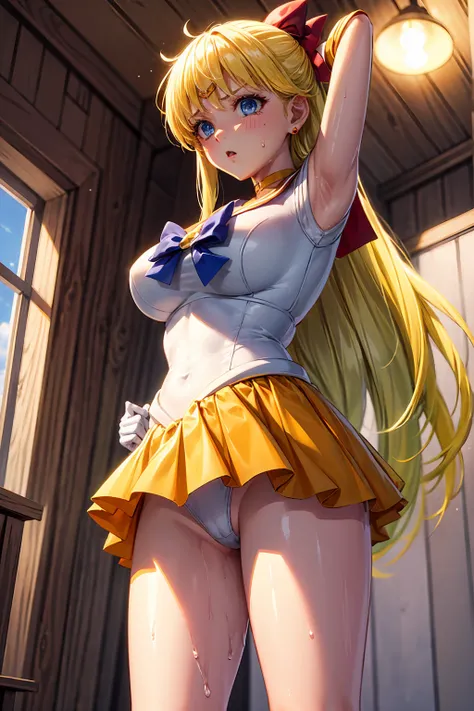 masterpiece, Highest quality, High resolution, Show more1, land, Sailor Warrior Uniforms,1８Year　Troubled face　{{{{{Torn Skirt}}}}}++ this,Sailor Venus, Minako Aino, thisロンドの髪, Magical girl, blue eyes, Orange Skirt, Elbow Bag, tiara, Pleated skirt, Hair Rib...