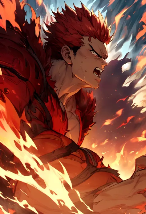 muscular guy yelling motivated with short hair in an epic flaming background with blue and red flames 