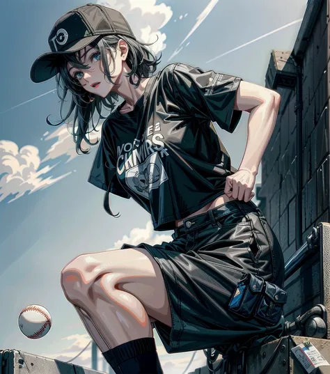 whole body, girl, big tits, medium hair, black hair, tearful mole, earring, baseball cap, black T-shirt, cargo shorts,