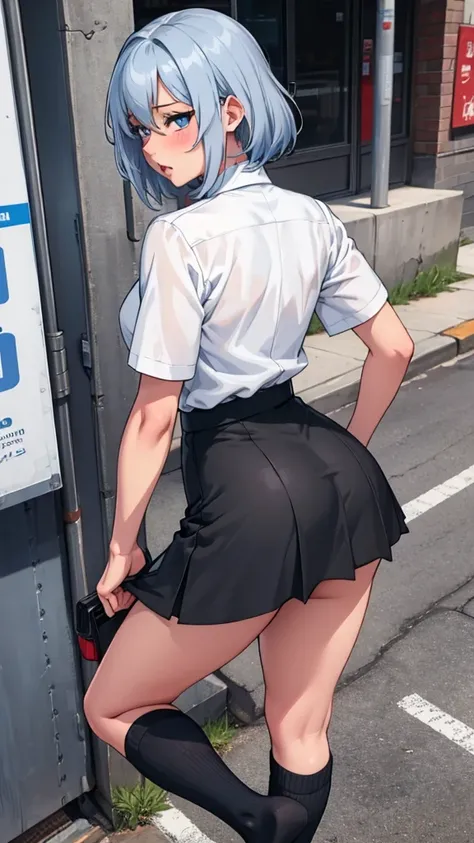 Yukino /hot girl / big ass / big  / blue eyes / red blushes / moan / mouth open / white shirt small/ black short skirt / black tall socks / big thighs / silver hair / 1 girl / in street