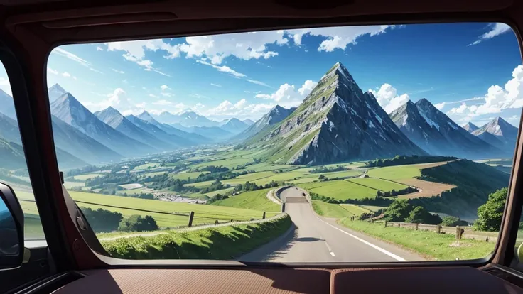 A Anime landscape of a mountain landscape with a road going through it landscape, anime style, countryside, with mountains and clouds in the background.