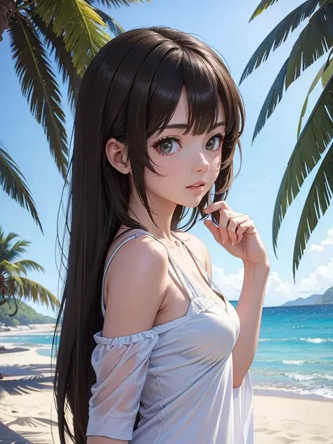 masterpiece, rich colors, Best quality, detailed, high resolution, Hyper quality, high detail, , high quality, detailing, skinny sexy girl on the beach , bright lighting , Brown eyes, Anime, palm trees, bright lighting,