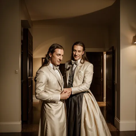 a formal wedding portrait of tobias menzies and jason isaacs, Tobias in elegant tuxedo, Jason wearing a dress and long hair as a crossdressee, standing close together and smiling, high quality, 8k, photorealistic, dramatic studio lighting, shallow depth of...