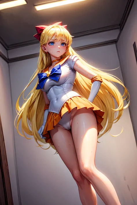 masterpiece, Highest quality, High resolution, Show more1, land, Sailor Warrior Uniforms,1８Year　Troubled face　{{{{{Torn Skirt}}}}}++ this,Sailor Venus, Minako Aino, thisロンドの髪, Magical girl, blue eyes, Orange Skirt, Elbow Bag, tiara, Pleated skirt, Hair Rib...