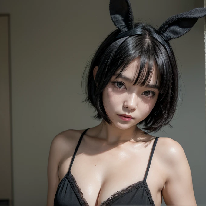 Woman, black short hair, bunny mask