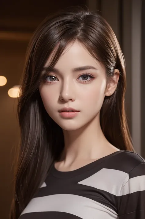 ((Realistic lighting, Highest quality, 8k, masterpiece: 1.3)), Clear focus: 1.2, One girl, Perfect beauty: 1.4, Slim Abs: 1.1, ((Dark brown hair)), (Black short sleeve), (School, night: 1.1), Super detailed face, Beautiful Eyes, double eyelid,