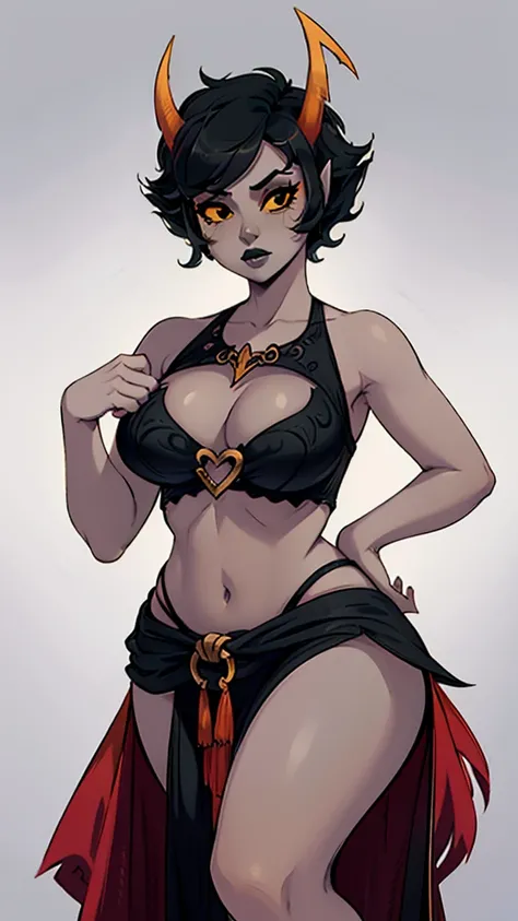 close-up portrait, kanaya, (horns), gray skin, short hair, [[simple background]], bellydancer, (midriff), collarbone, sleeveless, cleavage, wide hips, eyeliner, mature, (black eyes), (yellow sclera), galena, bare legs