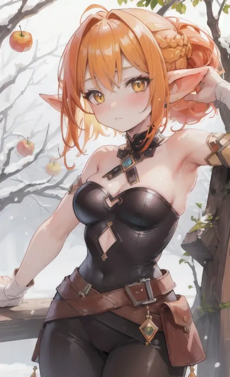 (masterpiece), (best quality), (ultra detailed), (Goblin), upper body, blushing, sexy look, apple tree, medium breasts, brown eyes, short hair, bright orange and yellow hair, detailed hair, soft braided hair, loose ponytail, detailed ponytail, close up, sn...