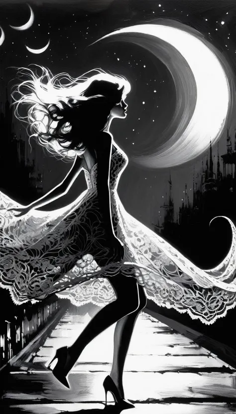 Sexy Girl and Crescent, Night, Lace Dress Black and White Picture, Dress Train Flies By Image (Art Inspired by Bill Sienkiewicz, Oil Painting)