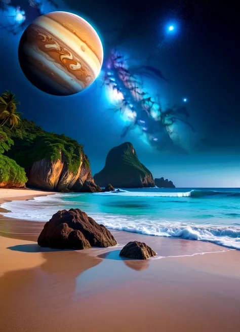 Giant planets, night, Starry Sky, Surrealism, Tabletop, High resolution、Impressive Milky Way、Sandy Beach、blue sea、Jewelry Ice