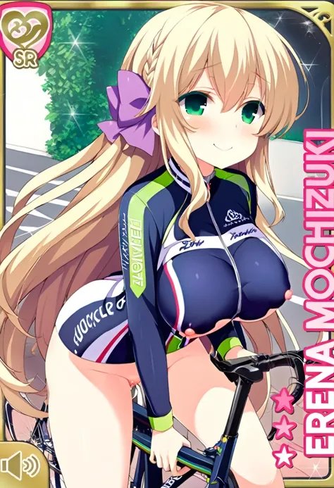 1girl, smile, nsfw,  mochizukierena, blonde hair, hair between eyes, french braid, hair ribbon, purple ribbon, very long hair, green eyes, , empty eyes , large breasts, solo, nsfw, nipple, ride a bicycle, Bicycle uniform