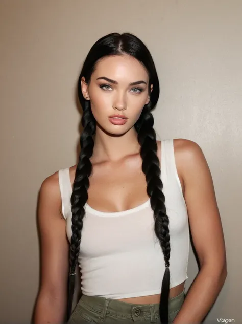 a realistic instagram photo of a [ really beautiful exotic androgynous supermodel 19 year old woman] , with [long, dark hair in sleek braids] , looks like [Megan FOX] and [Adriana Lima], light makeup, looking [innocent, cute, flushed] , wall brand [light] ...