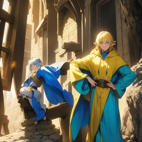 Elf male,blond hair,blue eyes,medium build, dressed in a yellow hoodie,against the background of a medieval elf city, anime style