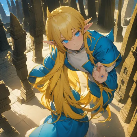 Elf male,blond hair,blue eyes,medium build, dressed in a yellow hoodie,against the background of a medieval elf city, anime style