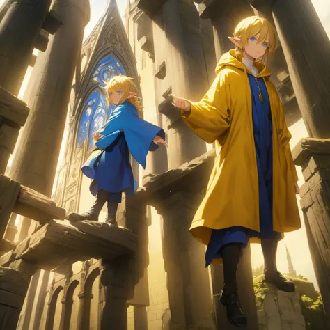 Elf male,blond hair,blue eyes,medium build, dressed in a yellow hoodie,against the background of a medieval elf city, anime style